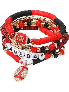 5PCS - GAME DAY Football Charm Heishi Beaded Stretch Multi Layered Bracelet